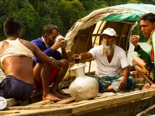 Floating restaurant on the boat in the remote village for stone chips collecting workers