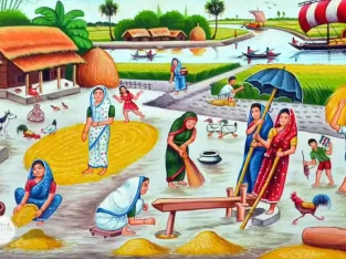 Rural village activities on a rickshaw painting in Bangladesh