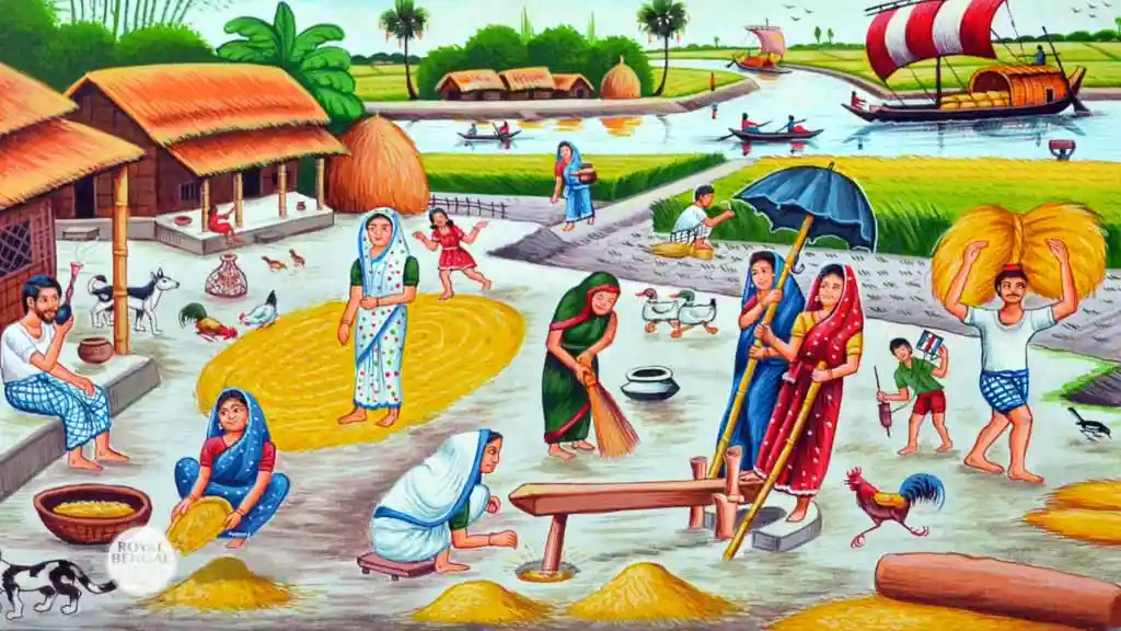 Rural village activities on a rickshaw painting in Bangladesh