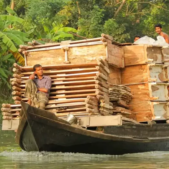 a boat is loaded with huge quantities of furniture