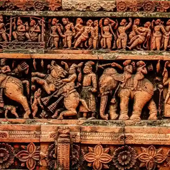 ancient battle scene on the terracotta plaques of Kantaji temple