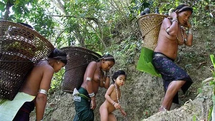 A group of Mro indigenous ladies are returning home with their agro harvests