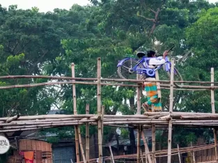 Scary bamboo bridge near otter fishing village in Bangladesh