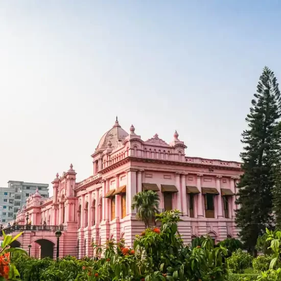 The architecture of Ahsan Manzil is a unique blend of Mughal and European styles