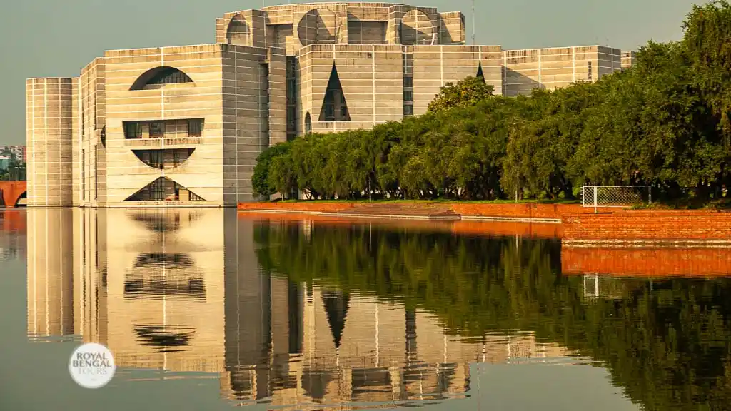 View of bangladesh Parliament Building through the crescent lake